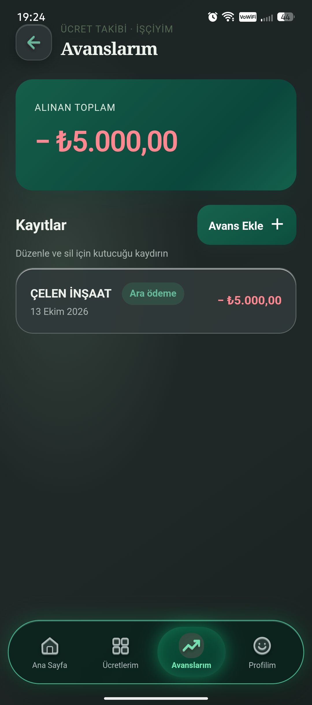 İşçi avanslarım ekranında alınan toplam, avans ekleme düğmesi ve iş yeri/tarih bilgili kayıt