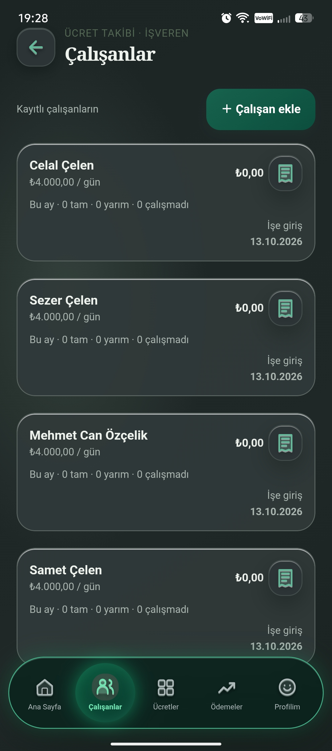 İşveren çalışan listesi: çalışan adı, günlük ücret, aylık gün özeti ve işe giriş tarihi