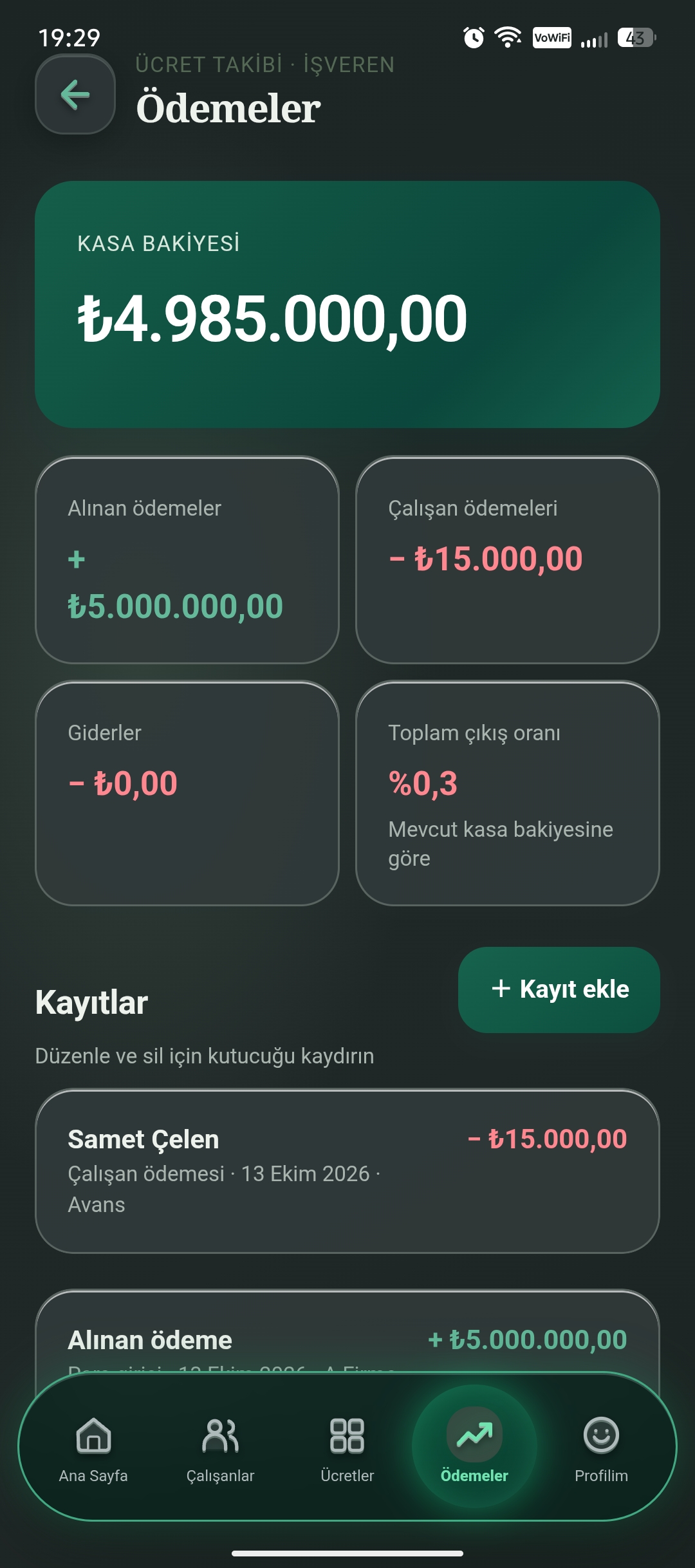 İşveren ödemeler ekranı: kasa bakiyesi, alınan ödemeler, çalışan ödemeleri, giderler ve kayıt listesi